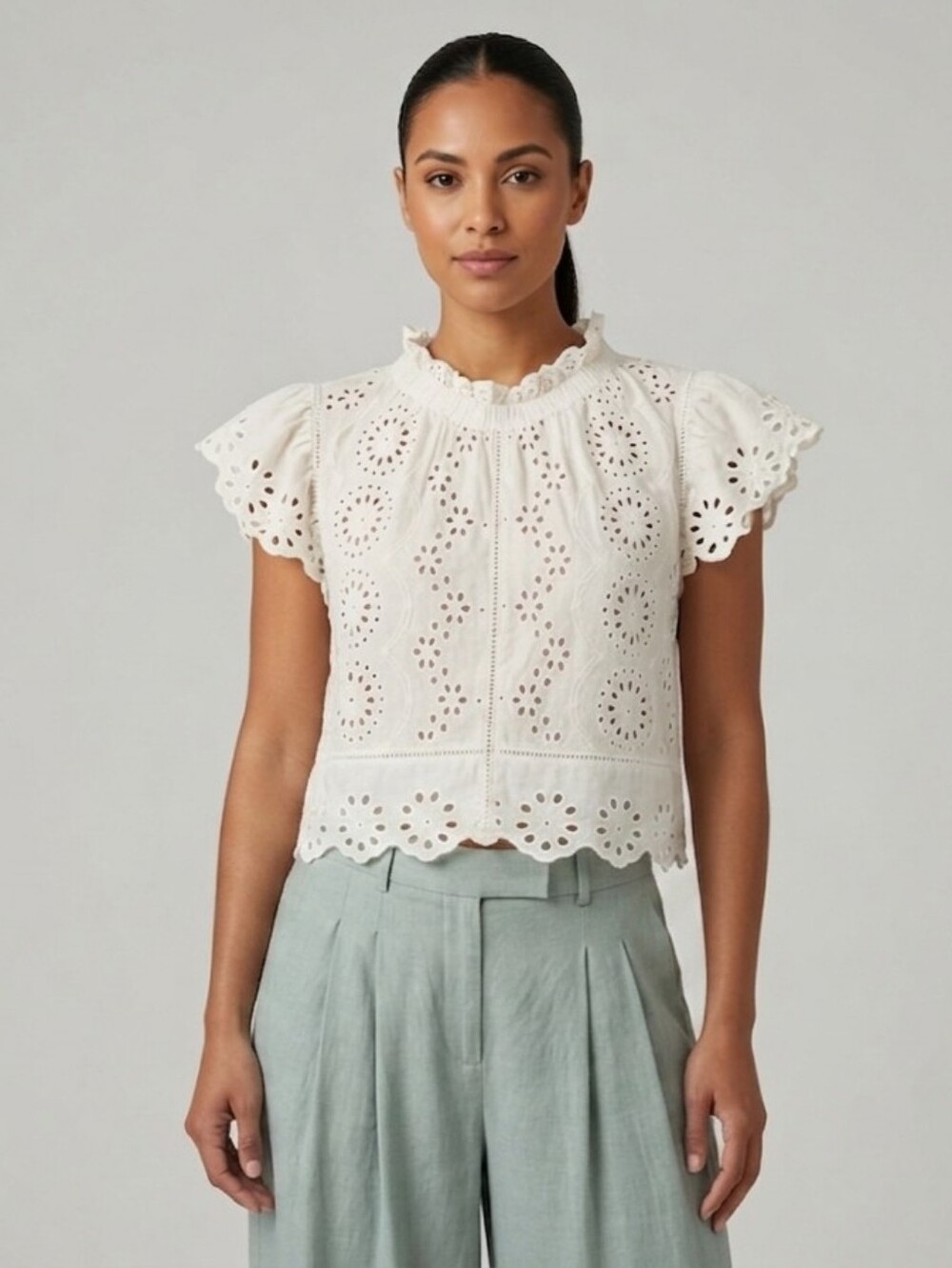 Jennifer Grace Eyelet Flutter Sleeve Blouse Cream Boho Cottagecore Romantic M